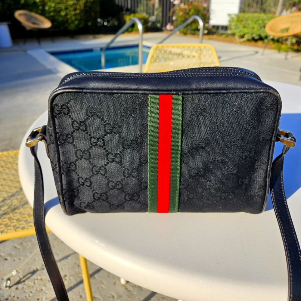 Gucci Vintage Accessory Collection Black GG Monogram Sherry Stripe Crossbody Bag - Picture 4 of 15